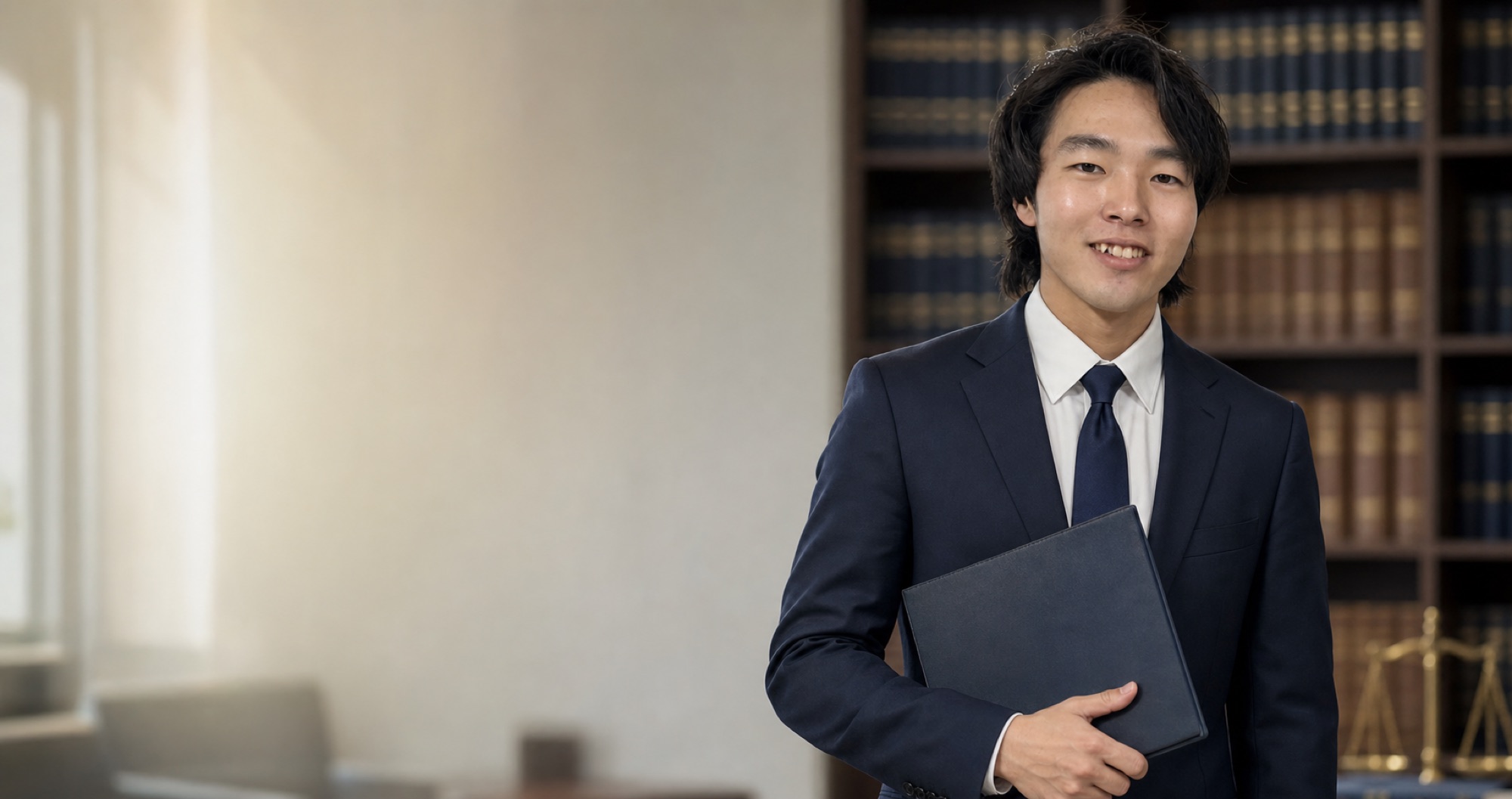 法律事務所の書斎を背景に立つ佐藤総合法律事務所の代表弁護士